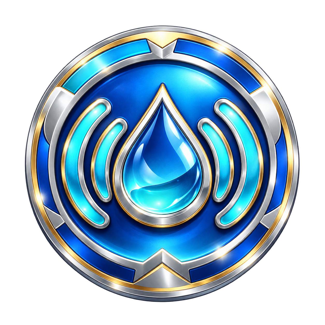Signal Keeper medal, a polished blue round badge with a water droplet and signal waves