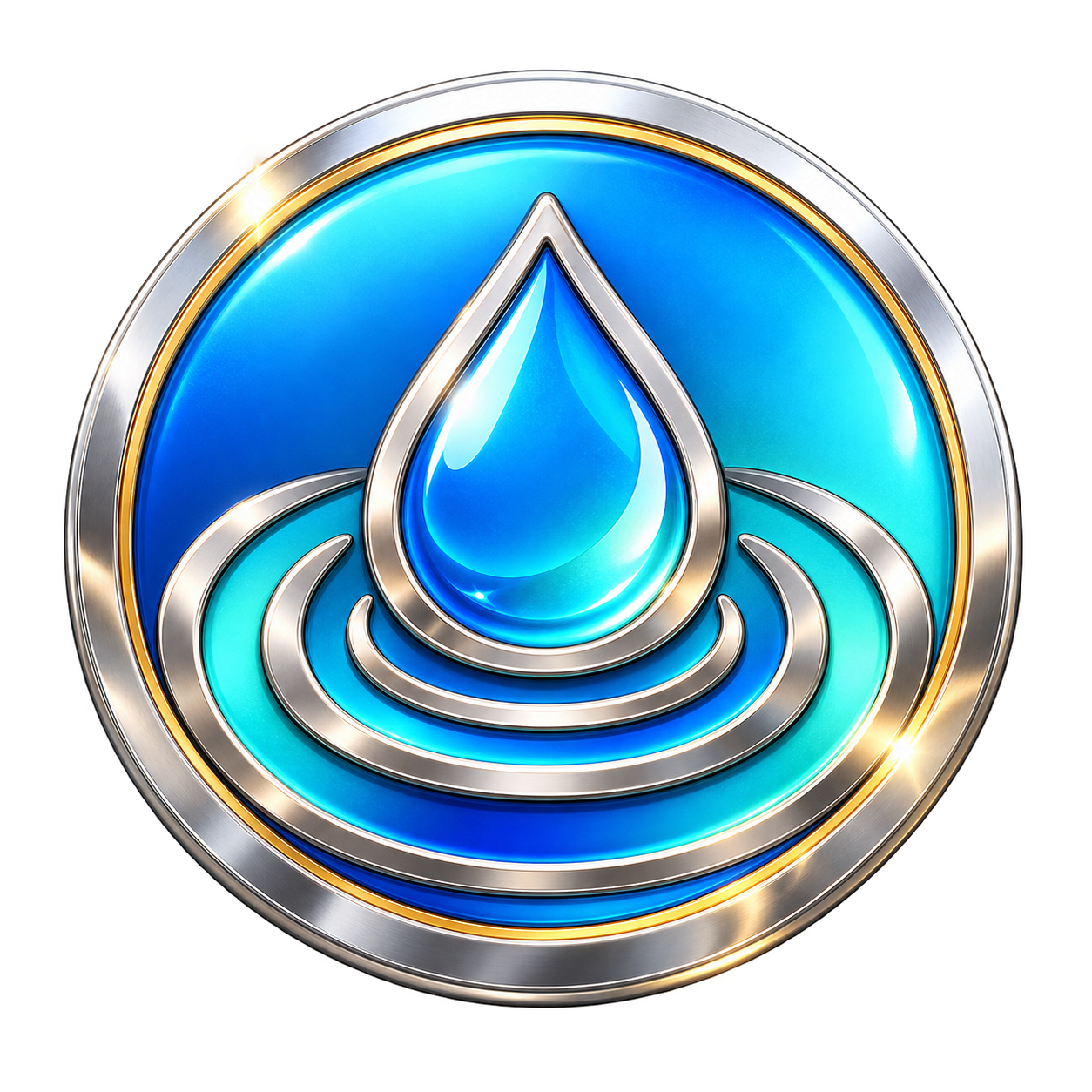 Water Watcher medal, a polished blue and aqua round badge with a water droplet and ripples