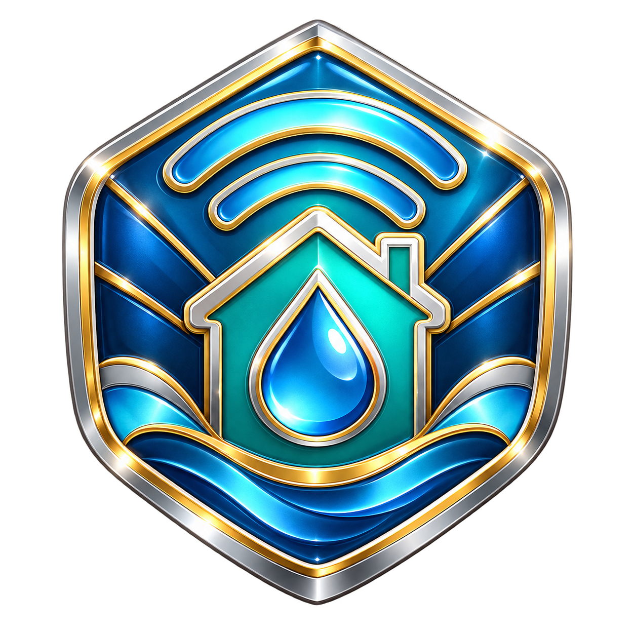 Neighborhood Guardian medal, a polished teal and blue shield with a home, water droplet, signal arcs, and waves